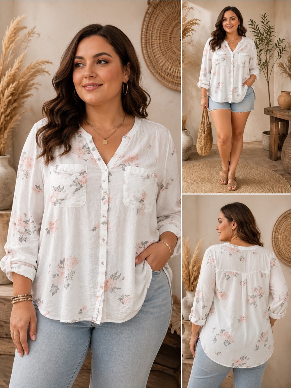 Denver Hayes White Button-Down Blouse with Soft Pink Floral Print